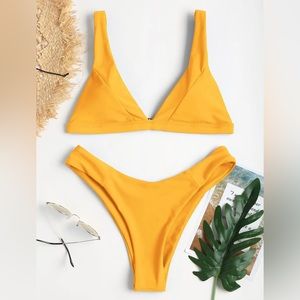 Zaful Plunge High Leg Bikini - Mustard